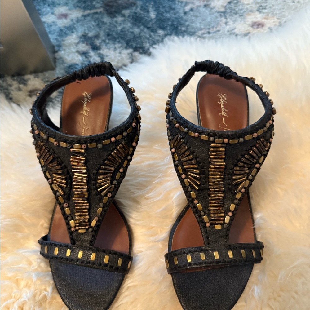 Elizabeth and James Black and Gold Beaded Sandals 37 1/2 a 7 in US